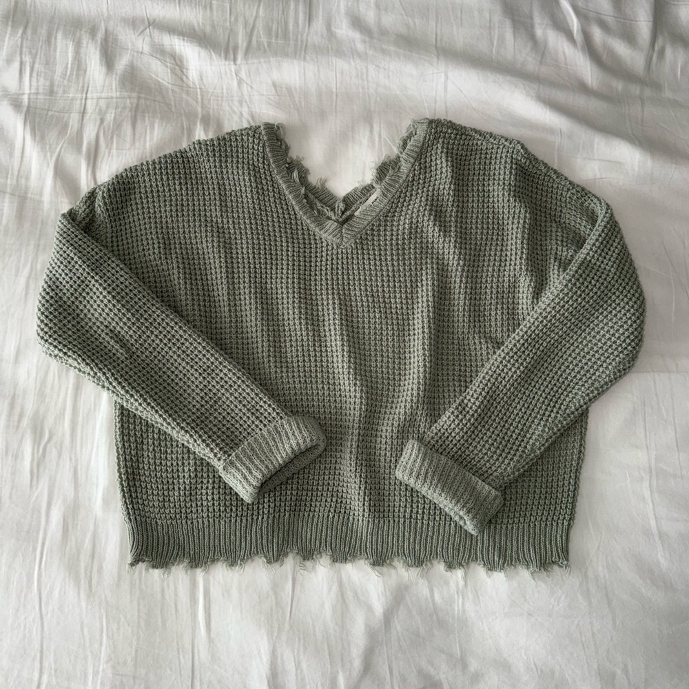 Sage Green Open Knit Raw Cut Edge Sweater